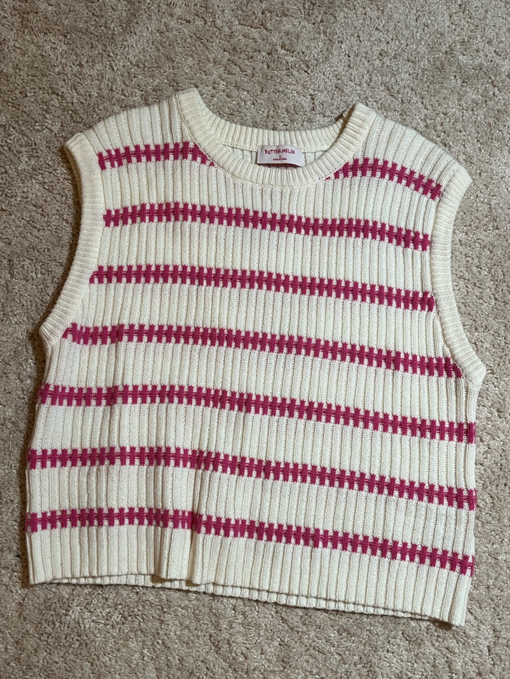 Ivory & Pink Striped Ribbed Knit Sleeveless Sweater